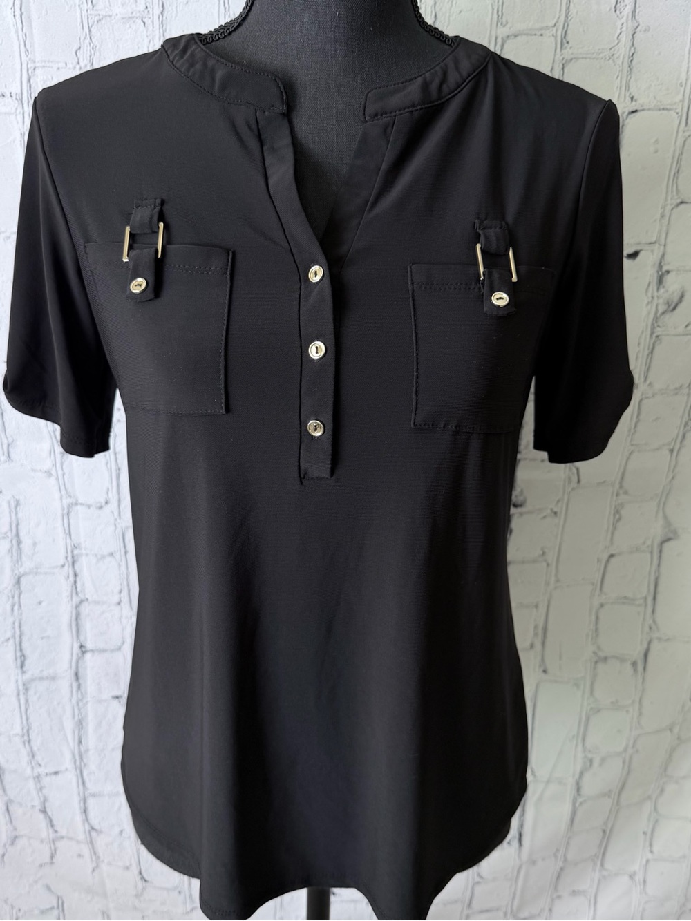 Per Seption Black Short Sleeve Blouse with Gold Hardware and Roll-Tab Sleeves